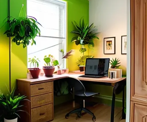 Создайте "зеленый уголок" на рабочем месте: растения, натуральные материалы и уютные аксессуары для повышения креативности и снижения стресса.