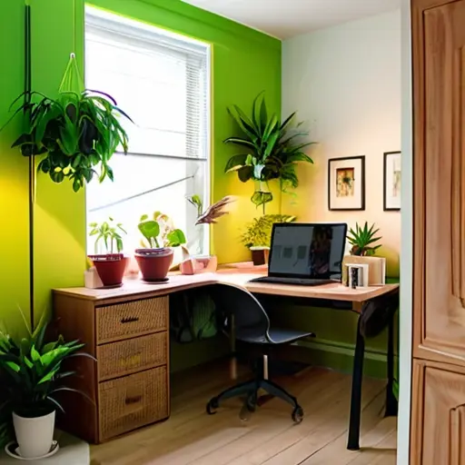 Создайте "зеленый уголок" на рабочем месте: растения, натуральные материалы и уютные аксессуары для повышения креативности и снижения стресса.